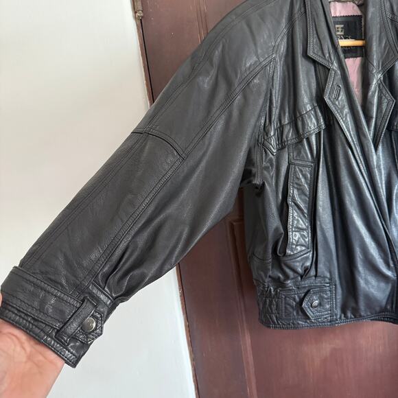 80s Vintage BYRNES & BAKER Biker style Long Lapel Black Leather Jacket | Medium - Picture 3 of 6